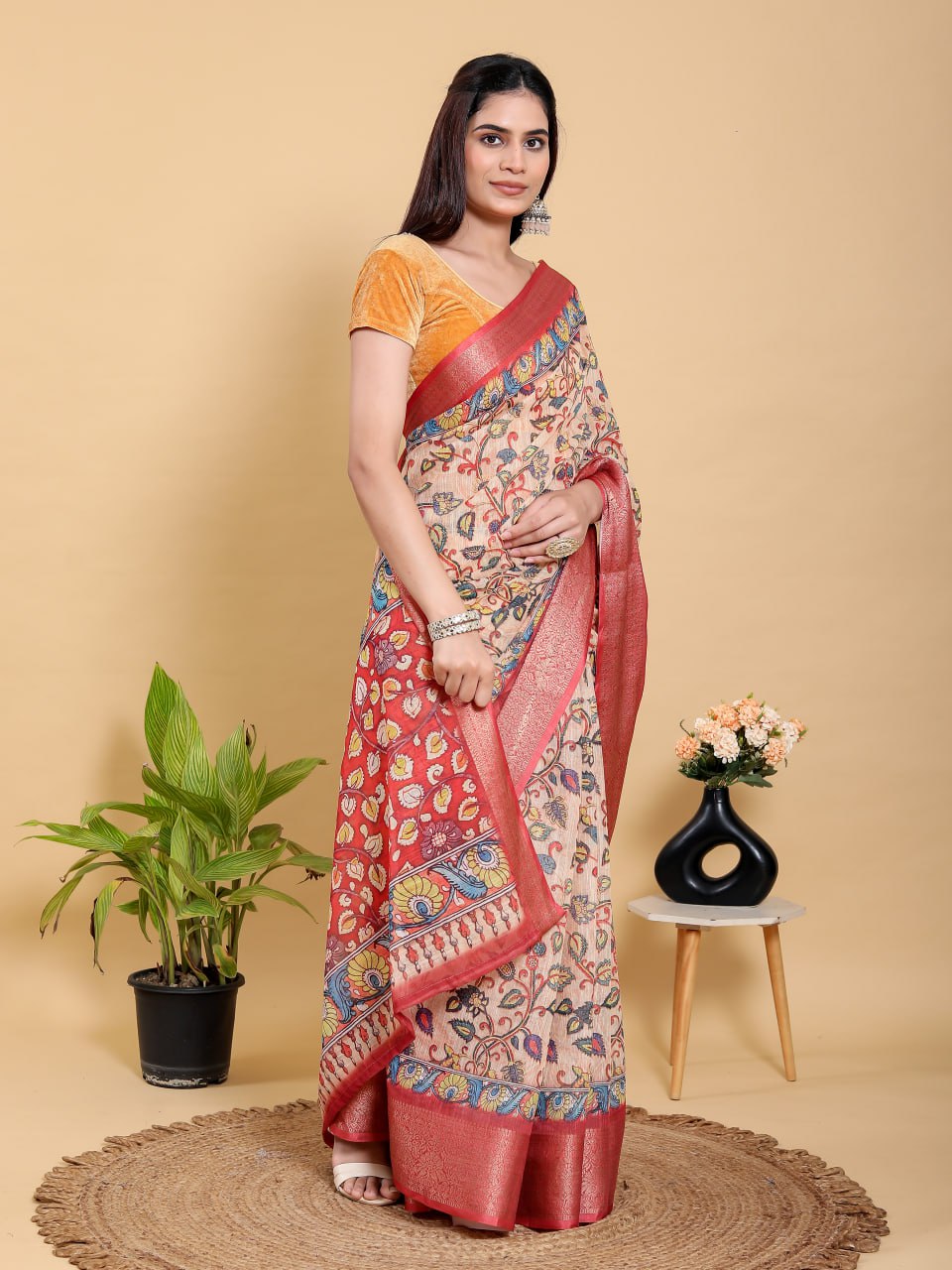 Artistic Kalamkari Print Linen Cotton Saree with Zari Border