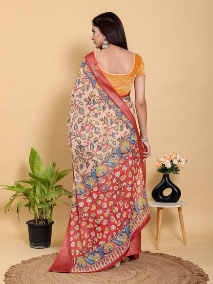Artistic Kalamkari Print Linen Cotton Saree with Zari Border