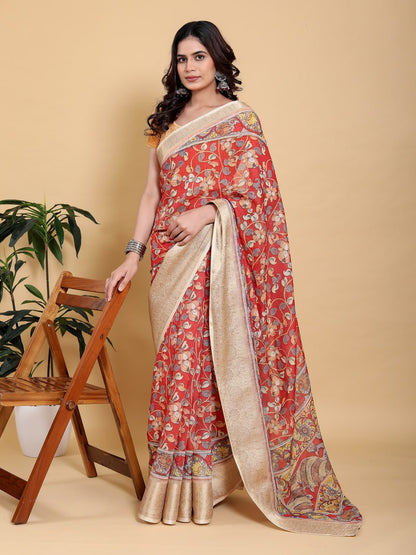 Vibrant Red Kalamkari Print Saree with Broad Zari Border