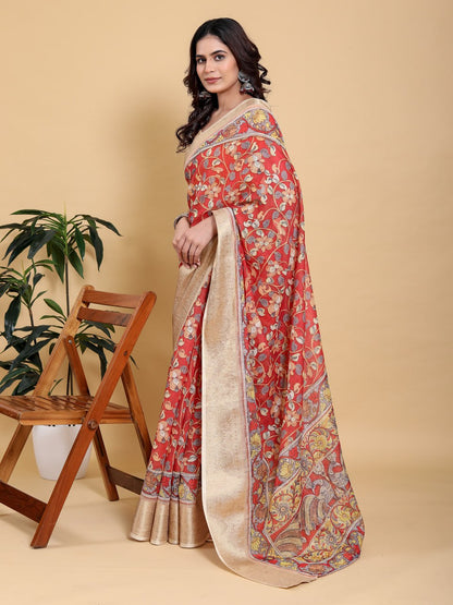 Vibrant Red Kalamkari Print Saree with Broad Zari Border