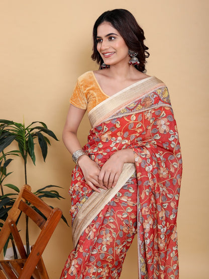 Vibrant Red Kalamkari Print Saree with Broad Zari Border
