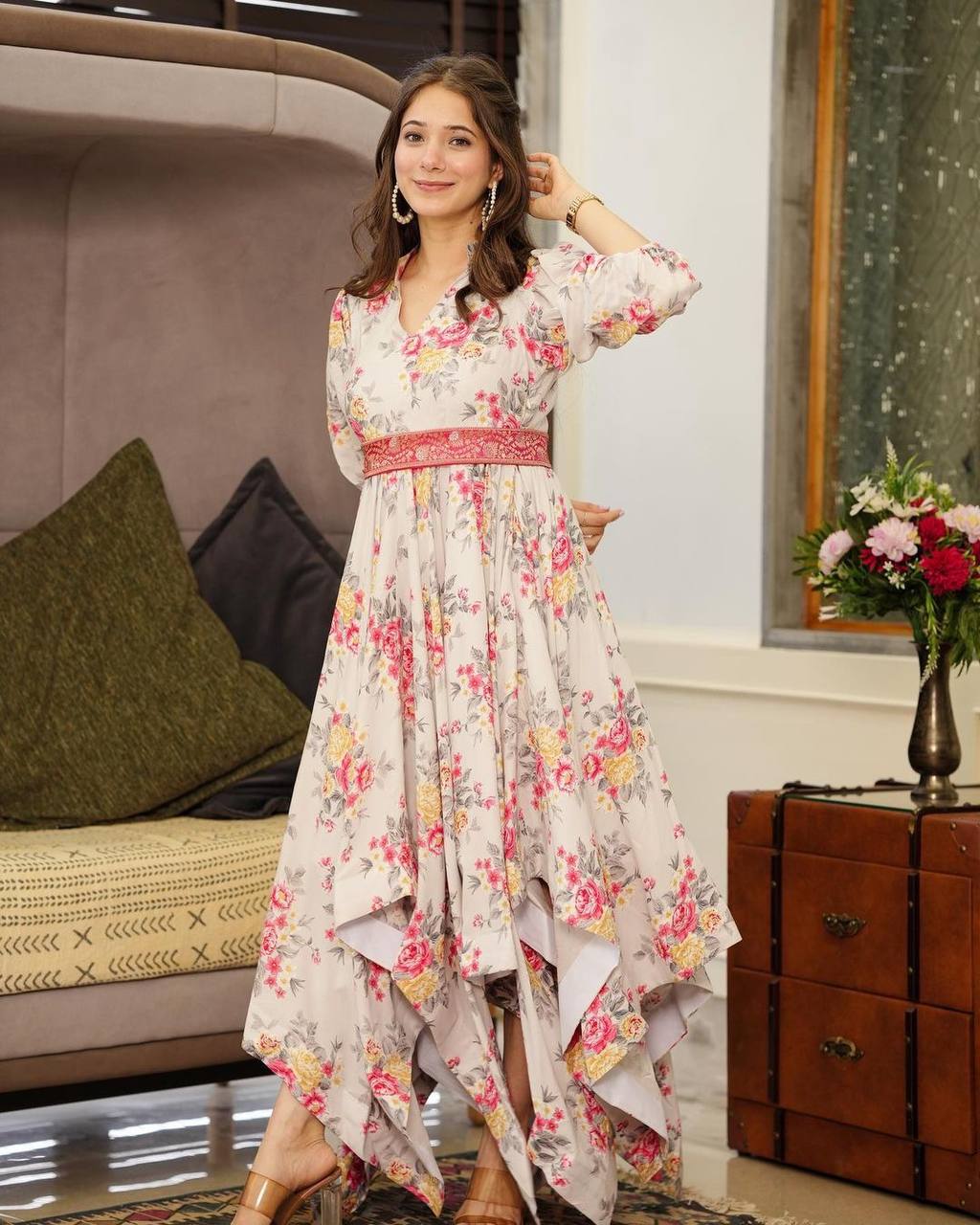 English Garden Floral Digital Print Muslin Anarkali Gown