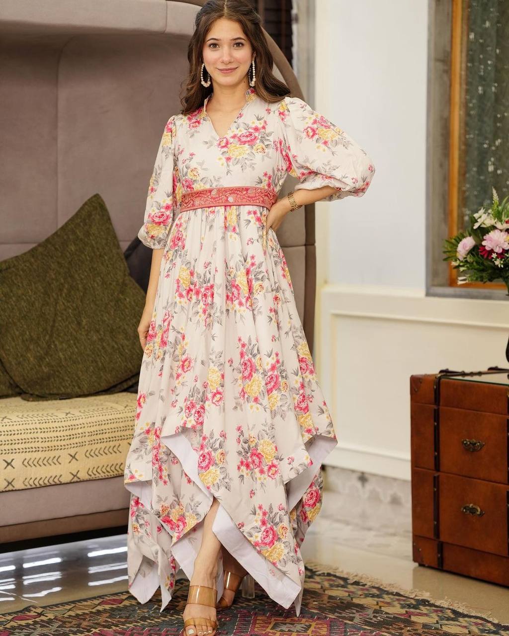 English Garden Floral Digital Print Muslin Anarkali Gown