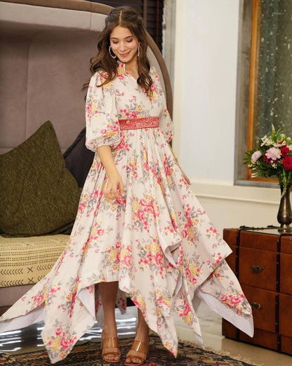 English Garden Floral Digital Print Muslin Anarkali Gown