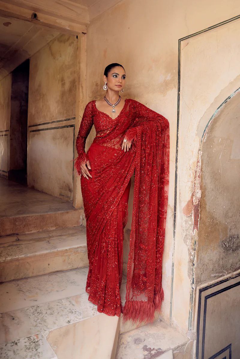 Bollywood Trending Red Saree with Heavy Zalar Work on Pallu & Blouse