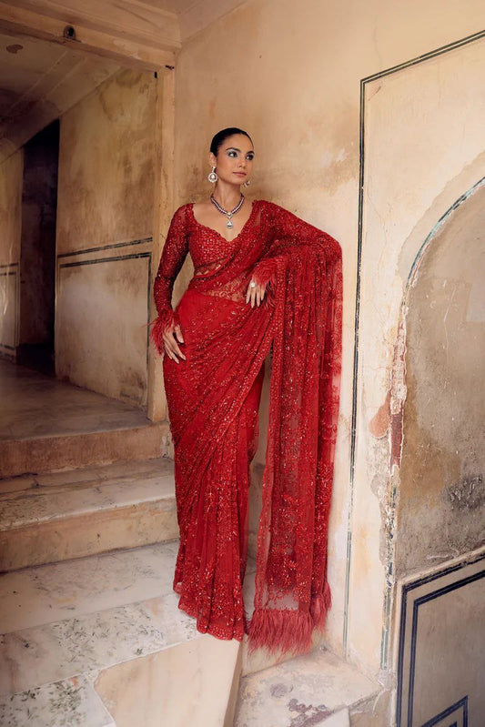 Bollywood Trending Red Saree with Heavy Zalar Work on Pallu & Blouse