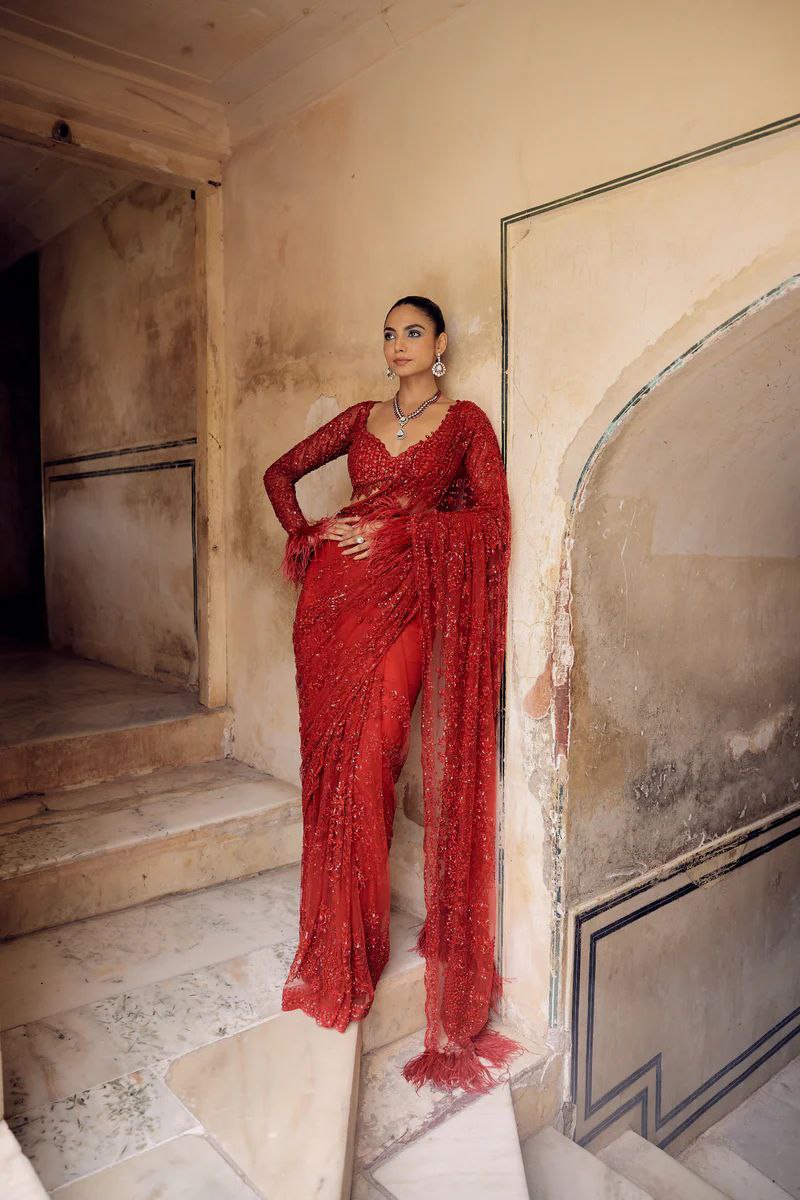 Bollywood Trending Red Saree with Heavy Zalar Work on Pallu & Blouse