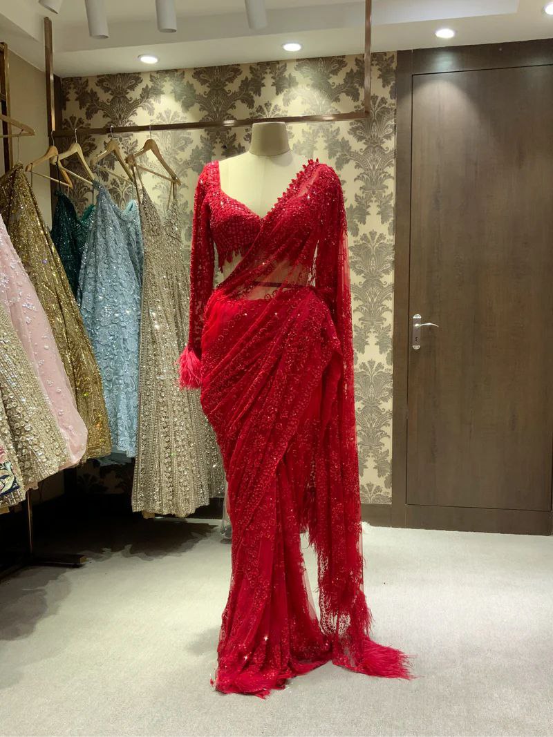Bollywood Trending Red Saree with Heavy Zalar Work on Pallu & Blouse