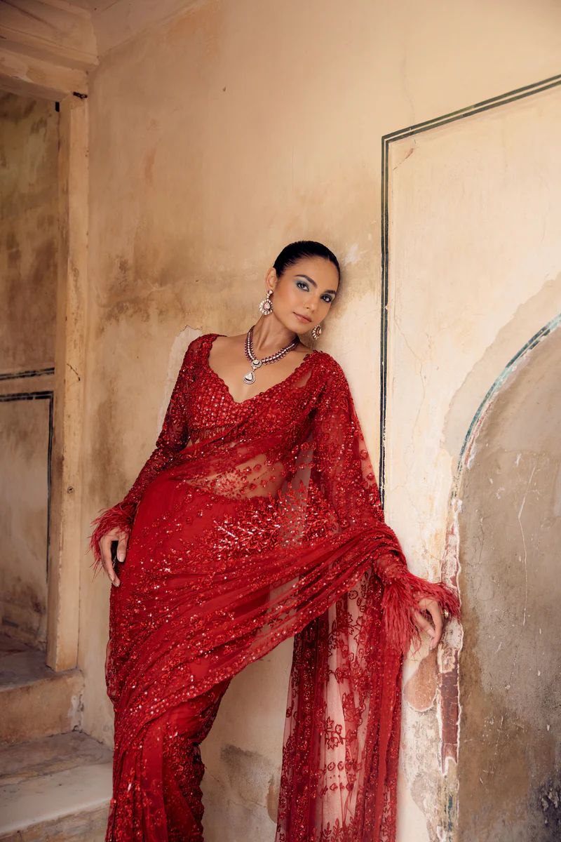 Bollywood Trending Red Saree with Heavy Zalar Work on Pallu & Blouse