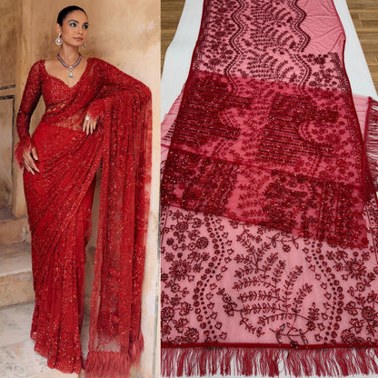Bollywood Trending Red Saree with Heavy Zalar Work on Pallu & Blouse