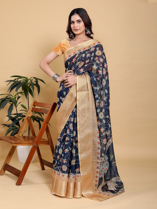 Elegant Navy Blue Floral Print Saree with Deer Motif and Zari Border
