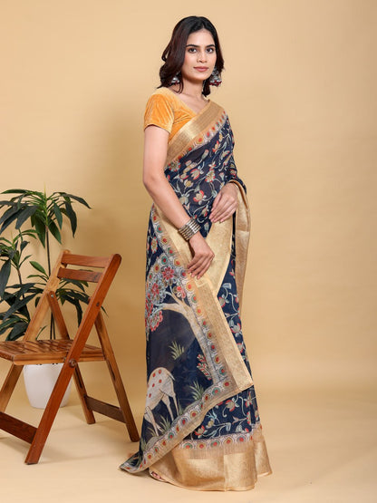 Elegant Navy Blue Floral Print Saree with Deer Motif and Zari Border