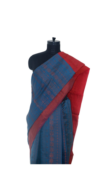 Blue with Orange and Golden Zari Contrast Banarasi Silk Saree