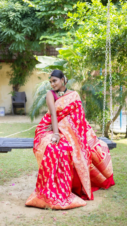 Crimson Flame Banarasi Silk Saree with Fiery Gold Zari Work