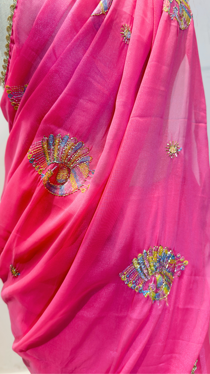 Banarashe Hot Pink Embroidered Saree with Multicolour Peacock Motifs & Golden Lace Border