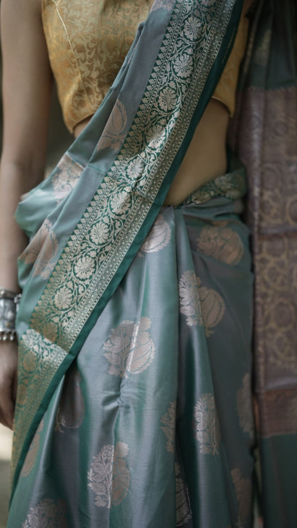 Semi Katan Zari Booti Saree – Slate Gray with Silver-Green Zari Border