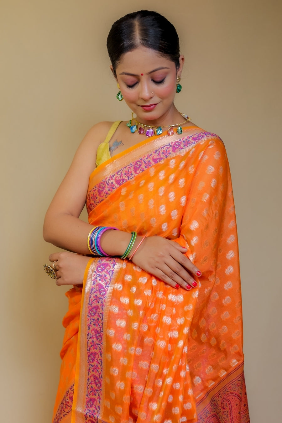 Radiant Orange Banarasi Italian Crepe Chinon Silk Saree with Paithani Style Pallu