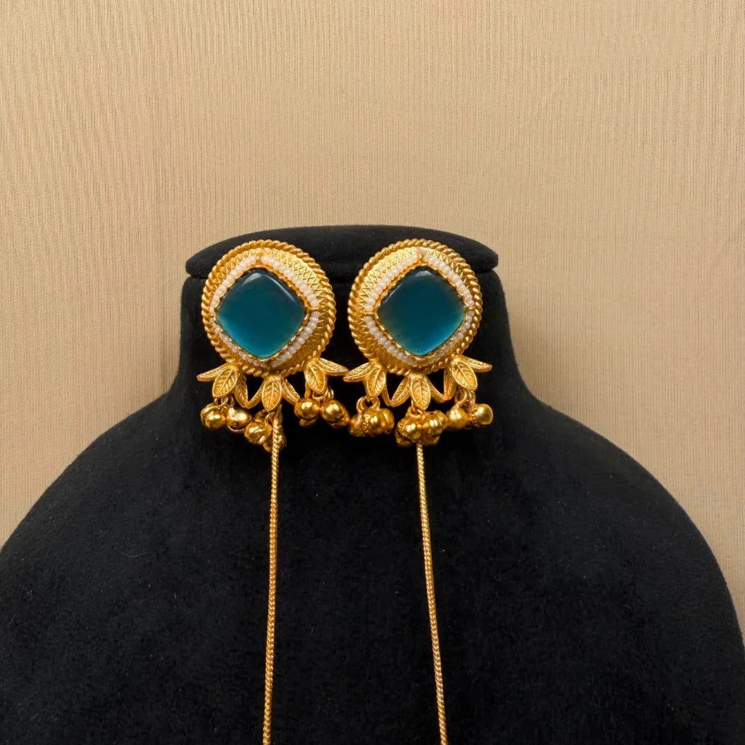 Earrings with Blue Stone, Long Chain Drop Danglers