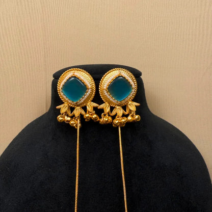 Earrings with Blue Stone, Long Chain Drop Danglers