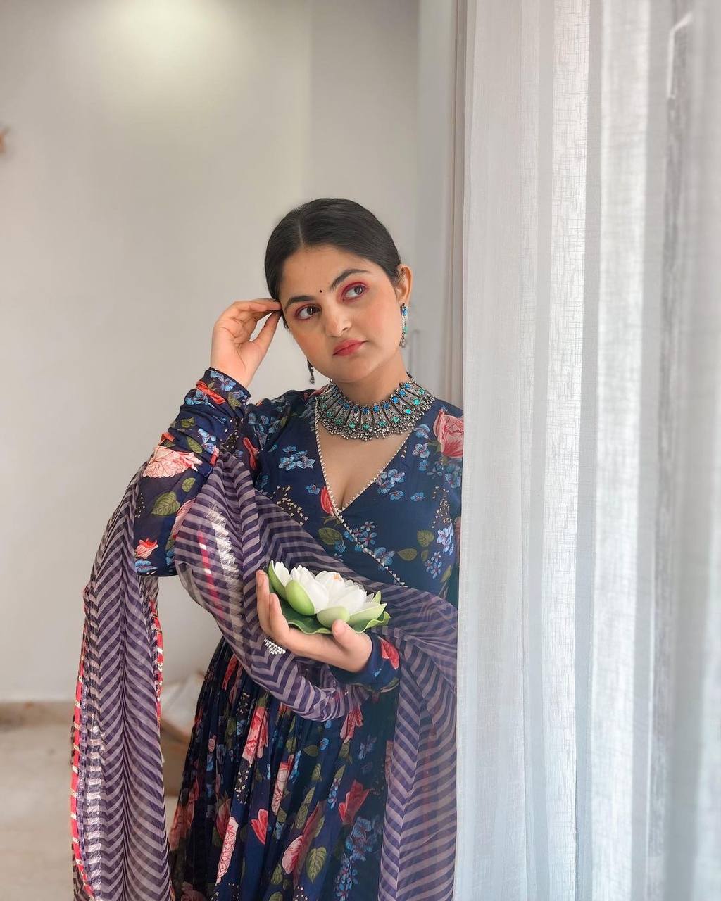 Midnight Blossom Floral Digital Print Anarkali Set