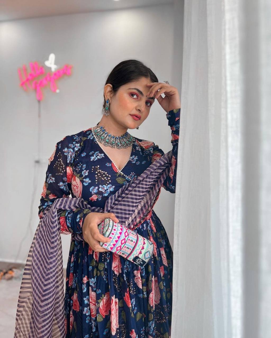 Midnight Blossom Floral Digital Print Anarkali Set