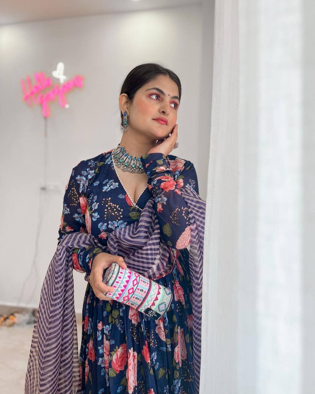 Midnight Blossom Floral Digital Print Anarkali Set