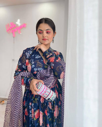 Midnight Blossom Floral Digital Print Anarkali Set