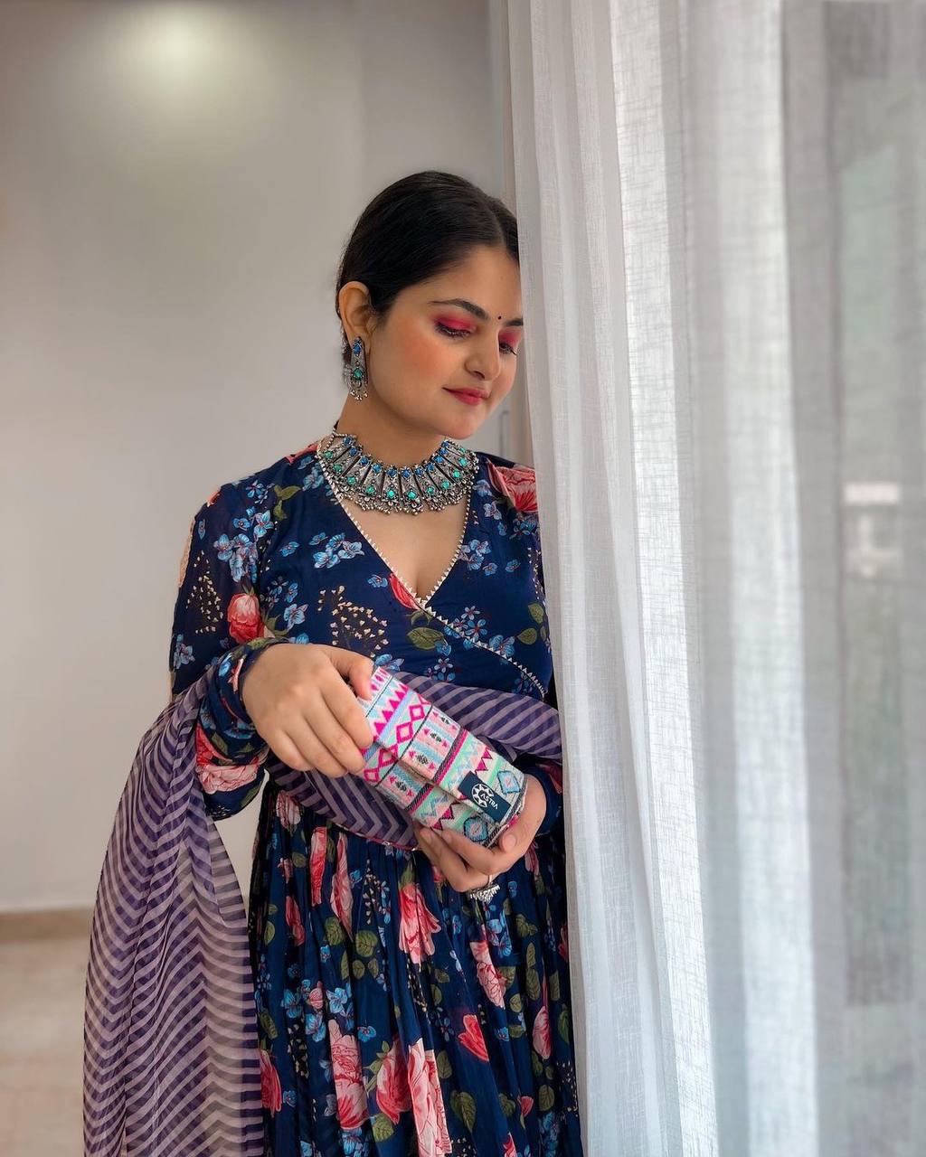 Midnight Blossom Floral Digital Print Anarkali Set