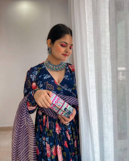 Midnight Blossom Floral Digital Print Anarkali Set