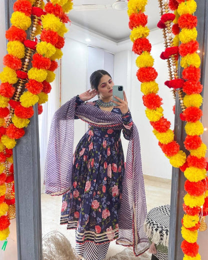Midnight Blossom Floral Digital Print Anarkali Set