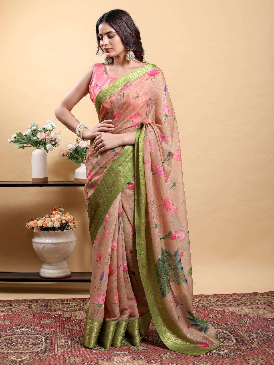 Soft Peach/Brown Saree with Lotus Print and Contrast Green Zari Border