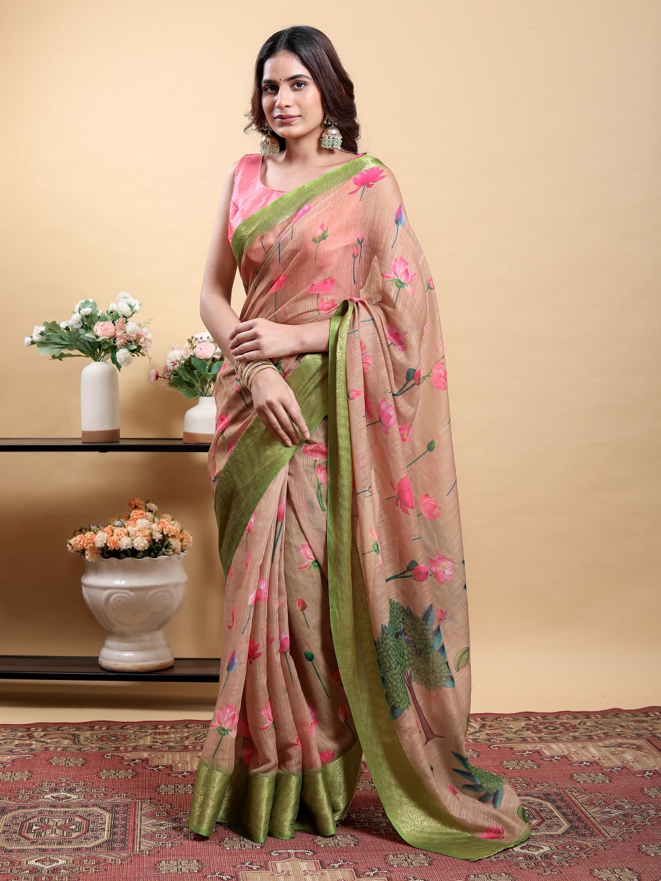 Soft Peach/Brown Saree with Lotus Print and Contrast Green Zari Border