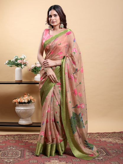 Soft Peach/Brown Saree with Lotus Print and Contrast Green Zari Border