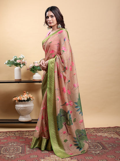 Soft Peach/Brown Saree with Lotus Print and Contrast Green Zari Border