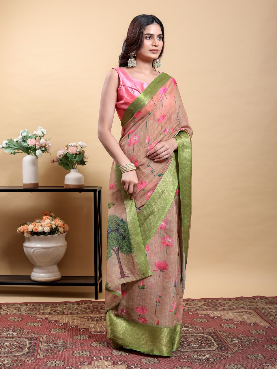 Soft Peach/Brown Saree with Lotus Print and Contrast Green Zari Border