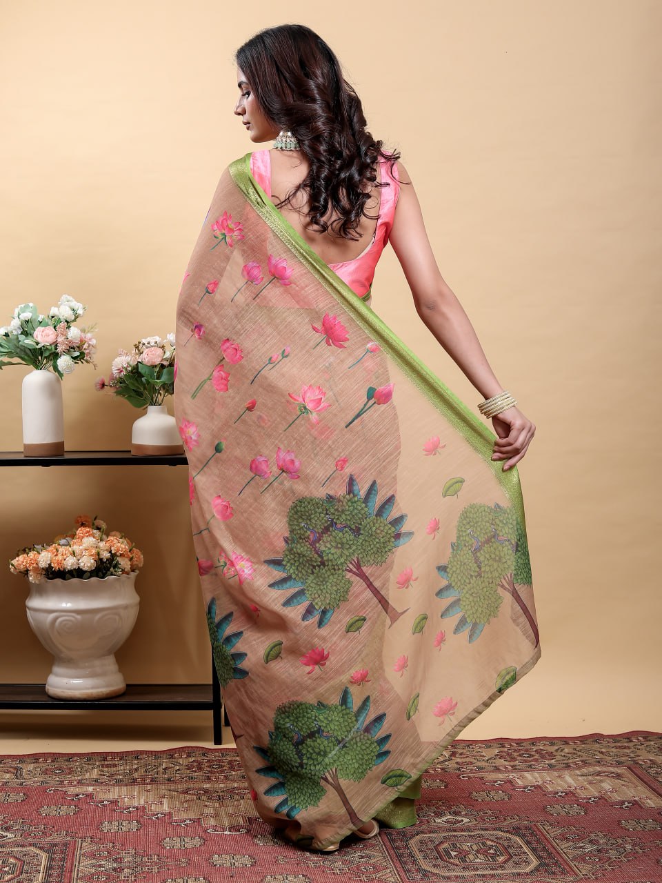 Soft Peach/Brown Saree with Lotus Print and Contrast Green Zari Border