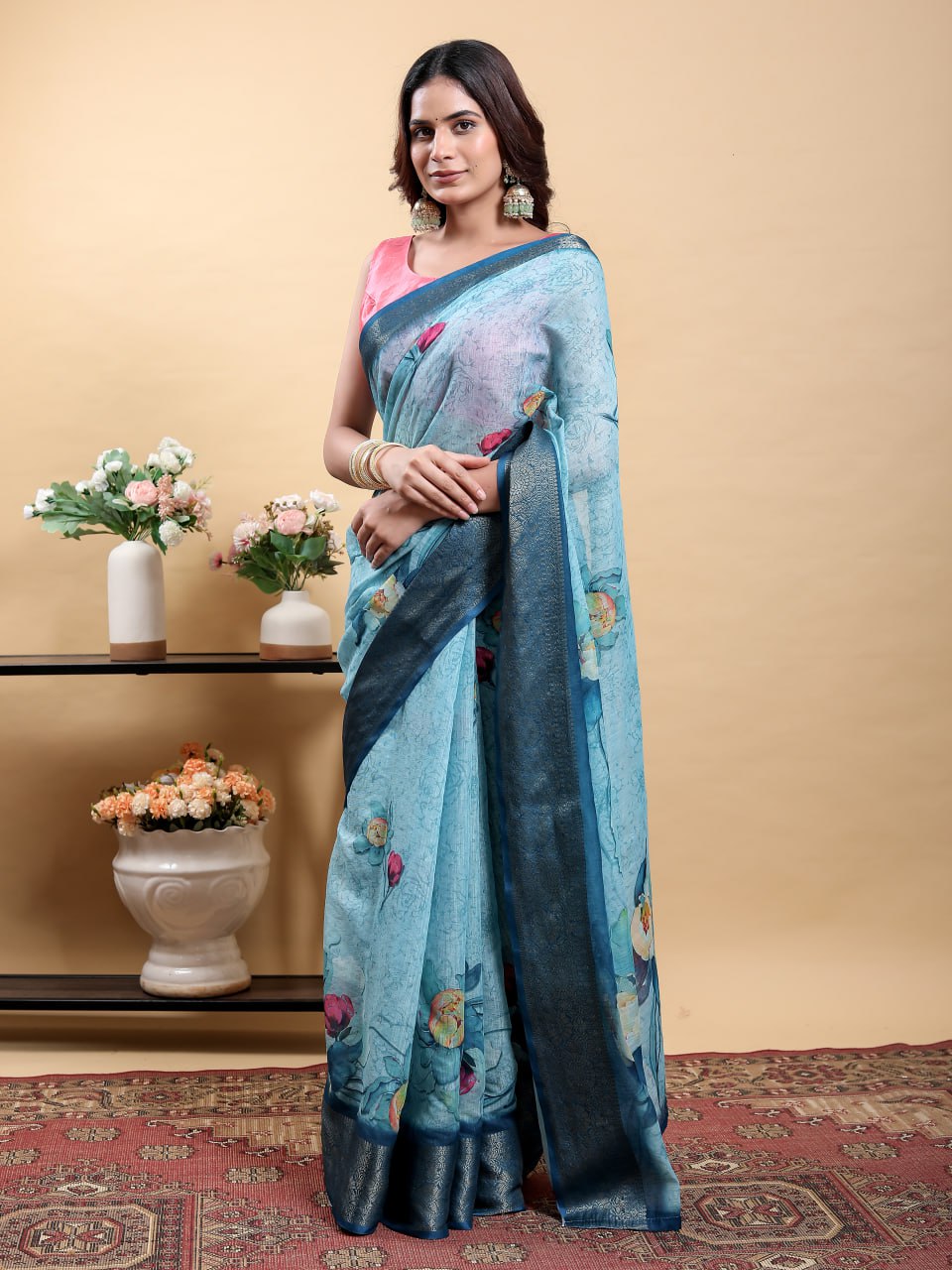 Serene Blue Modern Floral Print Saree with Contrast Navy Zari Border