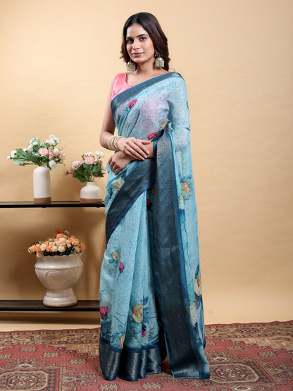 Serene Blue Modern Floral Print Saree with Contrast Navy Zari Border