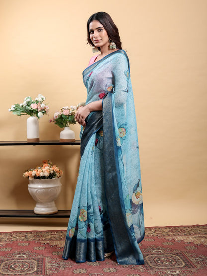 Serene Blue Modern Floral Print Saree with Contrast Navy Zari Border