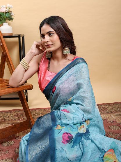 Serene Blue Modern Floral Print Saree with Contrast Navy Zari Border