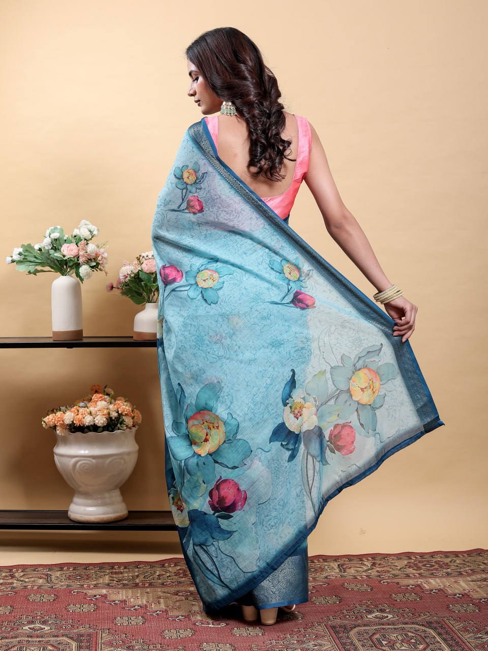 Serene Blue Modern Floral Print Saree with Contrast Navy Zari Border