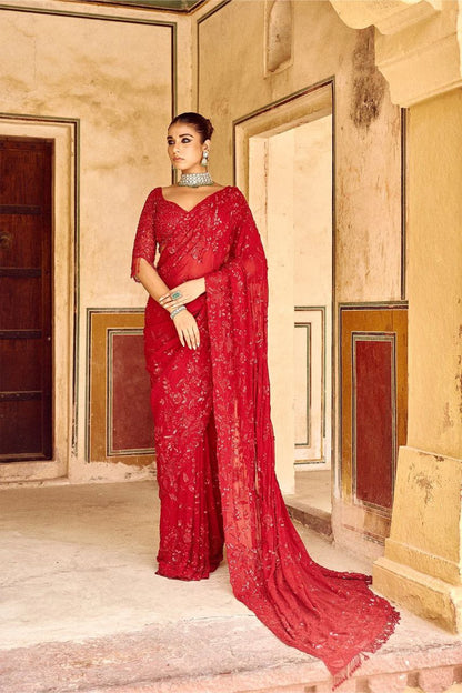 Bollywood Style Red Sequin Saree | Party Wear Georgette Saree