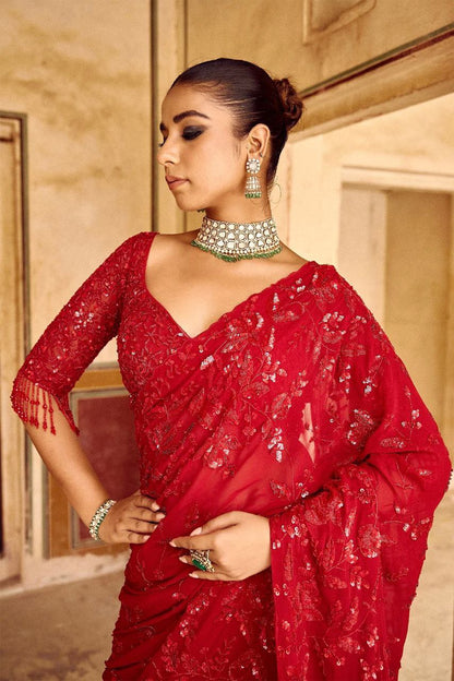 Bollywood Style Red Sequin Saree | Party Wear Georgette Saree