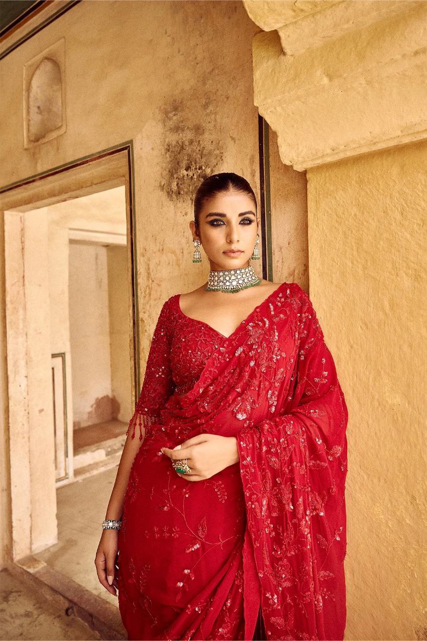 Bollywood Style Red Sequin Saree | Party Wear Georgette Saree