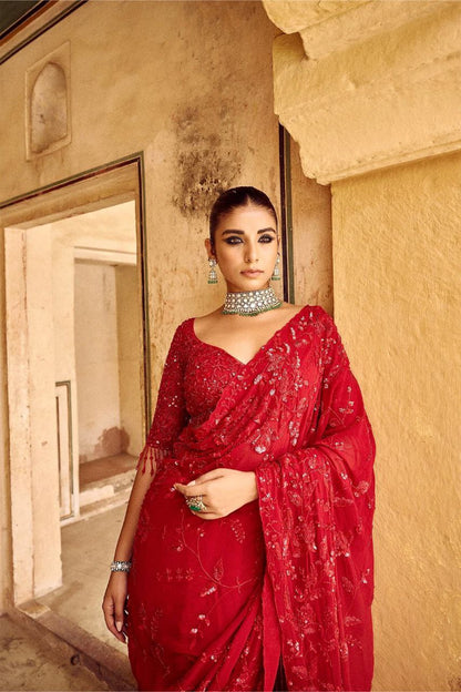 Bollywood Style Red Sequin Saree | Party Wear Georgette Saree