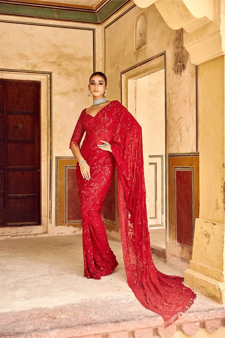 Bollywood Style Red Sequin Saree | Party Wear Georgette Saree
