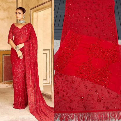 Bollywood Style Red Sequin Saree | Party Wear Georgette Saree