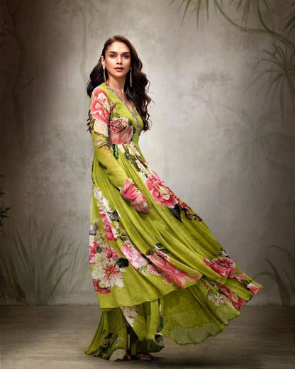 Olive Blossom Floral Digital Print Anarkali & Plazzo Set