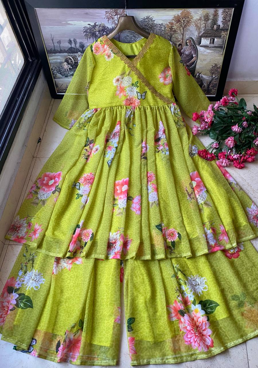 Olive Blossom Floral Digital Print Anarkali & Plazzo Set