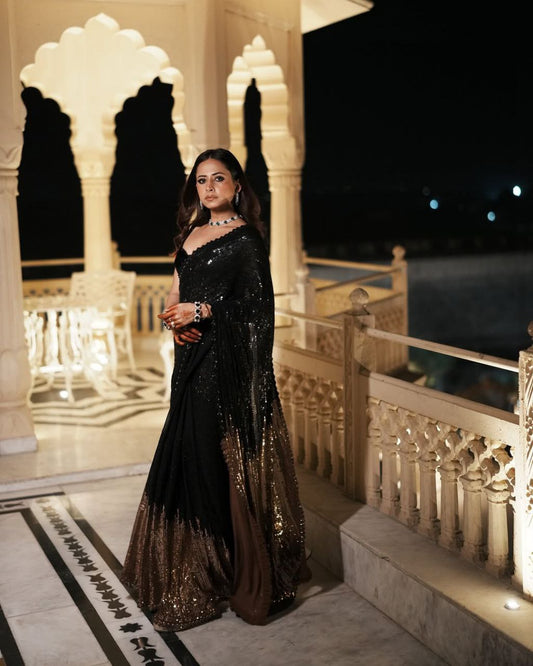 New Bollywood BlockBuster Sequins Georgette Saree Inspired by Sargun Mehta